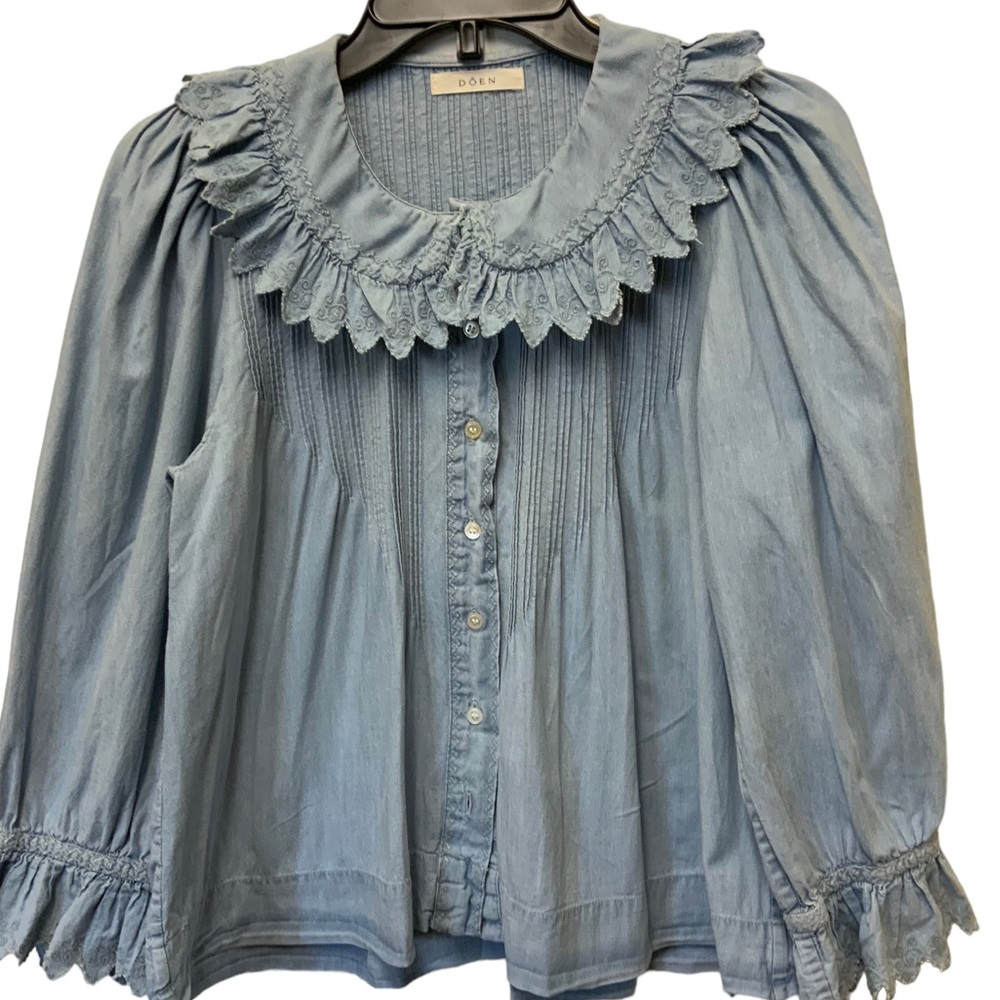 Doen Hickory Top With Scalloping Details Collar And Sleeve Sz Small Cotton